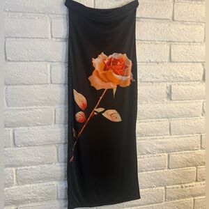Almost Famous Black Satin Midi Dress Rose Print Slip Dress Side Slit M
